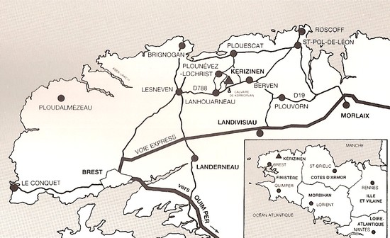 carte et emplacement de kérizinen à plounevez lochrist , itinéraire